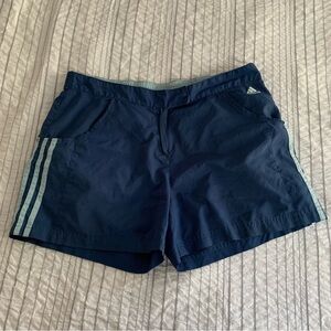 Adidas Women's Dark Blue Athletic Shorts with Light Blue Stripes